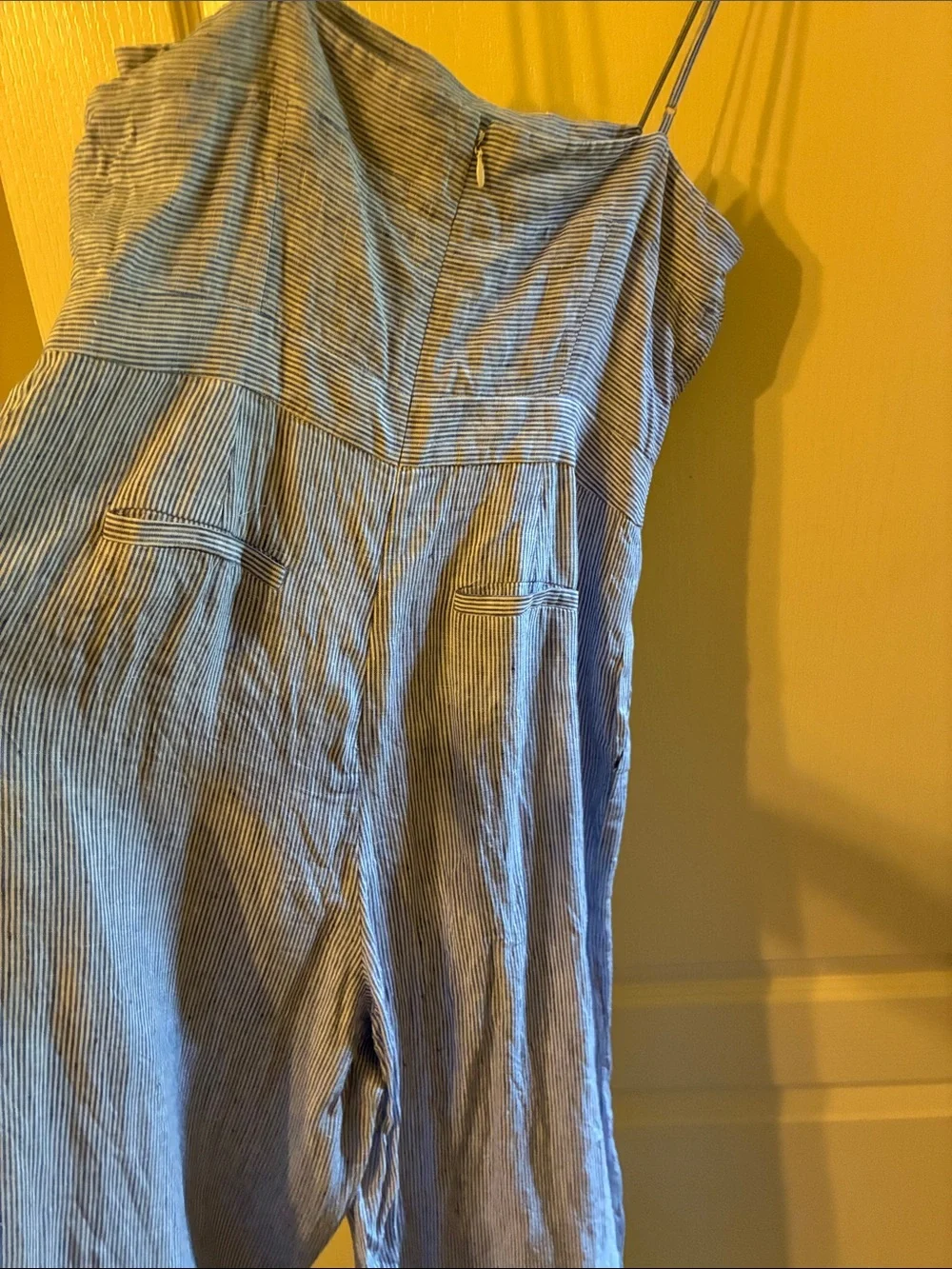 J. Crew Light Blue Pinstripe Spaghetti-Strap Jumpsuit  100% linen